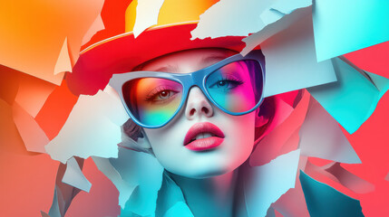 A playful and whimsical depiction of a character peeking through torn paper, wearing oversized glasses and a brightly colored top hat, surrounded by floating geometric shapes and vivid gradients
