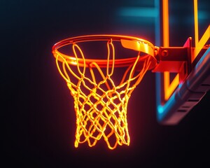 A glowing basketball hoop against a dark background, featuring bright orange neon lights highlighting the net and backboard.