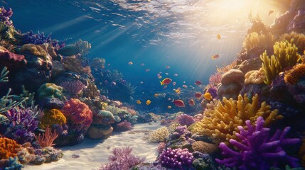 Naklejka premium Vibrant Underwater Scene with Colorful Coral Reefs and Tropical Fish Illuminated by Sunlight Streaming Through Ocean Surface