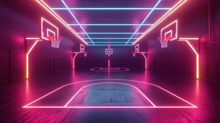 Naklejka premium A vibrant basketball court illuminated by neon lights, creating a dynamic and energetic atmosphere.