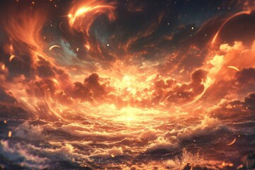 Fiery Celestial Ocean Sunset Dramatic Fantasy Art