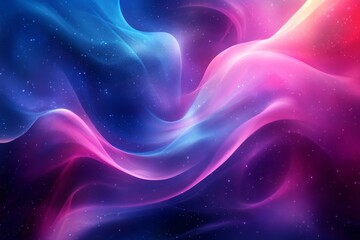 Colorful abstract waves in shades of blue, pink, and purple create a mesmerizing visual journey through space and light