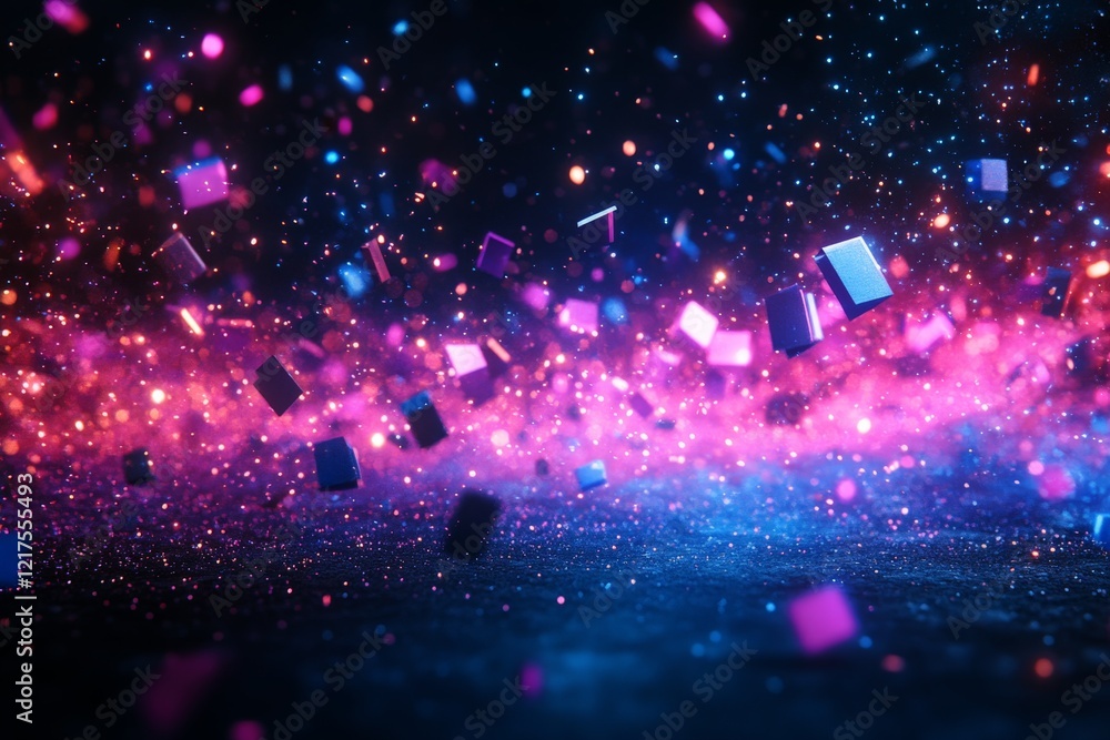 Poster colorful particles and glowing shapes create a vibrant abstract display in a digital space