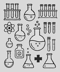 Adobe Illustrator Artwork, Laboratory glassware, test tubes, microscope, flask, flasks. Science icons set, doodle style, illustration. 
Illustration of a set of lab equipment. Chemistry icons set. 