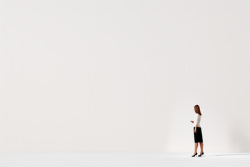 Fototapeta premium A woman standing in a minimalist white space with a blurred focus creating an abstract composition. Copy space 