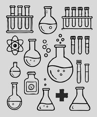 Laboratory glassware, test tubes, microscope, flask, flasks. Science icons set, doodle style, illustration. 
Illustration of a set of lab equipment. Chemistry icons set. 