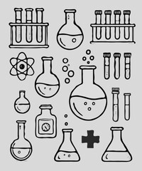 Laboratory glassware, test tubes, microscope, flask, flasks. Science icons set, doodle style, illustration. 
Illustration of a set of lab equipment. Chemistry icons set. 