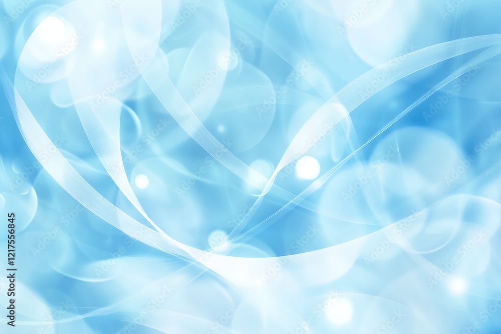 Poster elegant light blue background with white bokeh and wavy elements: soft atmosphere for creative desig
