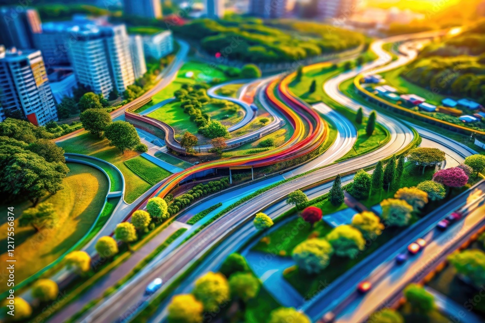 Poster abstract shapes dance in a colorful tilt-shift world, their curving lines creating a vibrant artisti