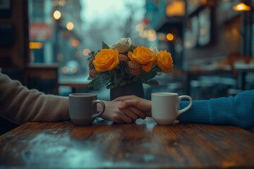 Photo d’un couple avec des tasses de café dans un décor chaleureux, plan sur les mains