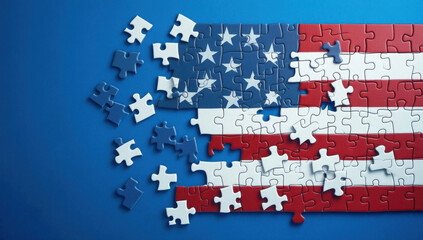 Puzzle made with the American flag, blue background