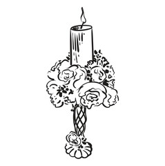 Wedding romantic candle in a candlestick decorated with flowers. Wedding decoration hand drawn with black ink. Vector image on a white background.