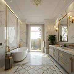 Elegant Bathroom with Marble Tiles and Gold Fixtures