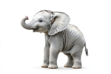 A cute, realistic baby elephant standing against a white background.