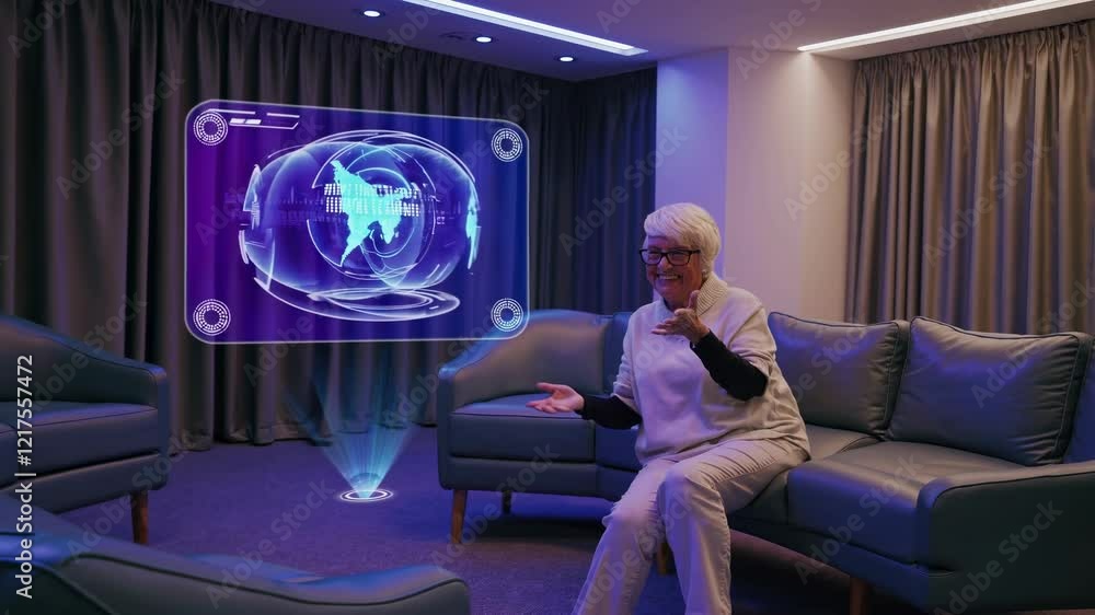 Poster interactive technology demonstration showcasing virtual display in modern lounge space with particip