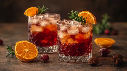 Two glasses of refreshing red cocktail with ice, orange slices, and rosemary garnish.