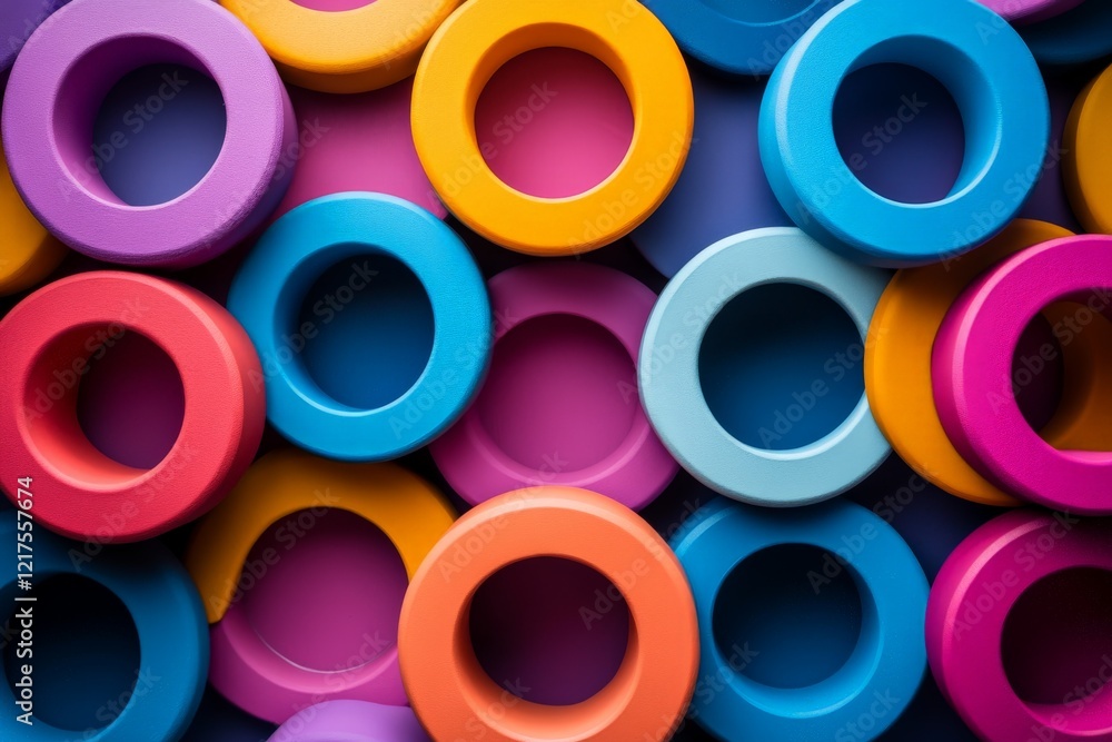 Poster brightly colored circular shapes arranged in a playful pattern on a surface
