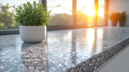 Small potted plant on a modern kitchen countertop at sunset.