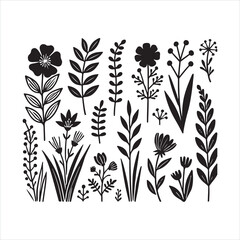 Hand drawn flowers and plants silhouette on white background
