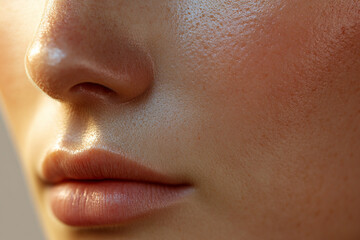 Close-up view of smooth skin highlighting facial features and natural beauty in soft lighting