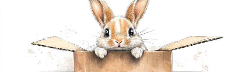 Obraz premium A playful illustration of a Harlequin rabbit sitting inside a box, with large, curious eyes and exaggerated whiskers, drawn in a whimsical, child-friendly style