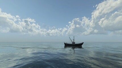 Trawler sailing calm ocean, sunny sky, clouds, travel