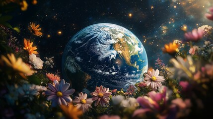 Colorful flowers surround a vibrant earth in a celestial landscape at dusk