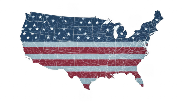This detailed map of the United States is integrated with the American flag colors, representing each state boundary clearly. It emphasizes patriotism and national identity. 