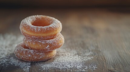 Stack of powdered sugar-coated donuts on a rustic wooden surface in warm natural lighting Copy space for text 