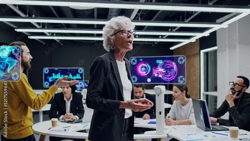 Aufkleber engaging group discussion on technology and innovation in a modern office setting