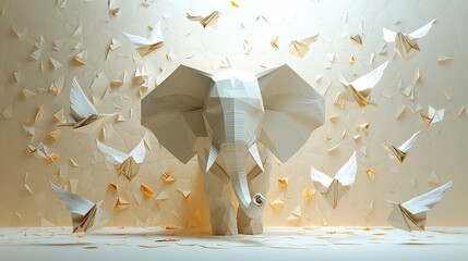 Origami elephant surrounded by paper butterflies.