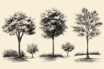 Detailed illustration of various tree species showcasing growth stages and foliage types in a natural setting