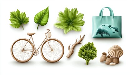 Vibrant environmental awareness icons, illustrating a bicycle for green transport, a reusable bag, ocean cleanup, and wildlife protection.