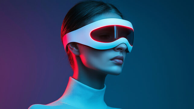 Frau mit futuristischen VR-Brille, rote Leuchte, blauer Hintergrund, Technologie, Innovation