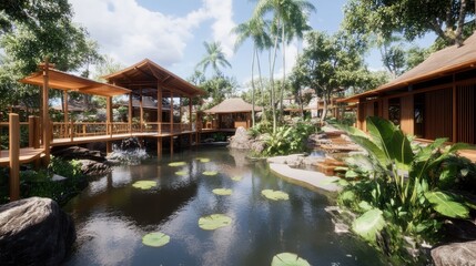 Tropical Wooden Structures Surround Serene Pond