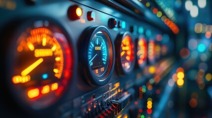 A detailed shot of a control panel filled with vibrant gauges where needle indicators point towards energyefficient zones during the manufacturing process of ecofriendly materials.