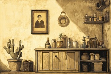 Rustic Kitchen Still Life Featuring Antique Portrait