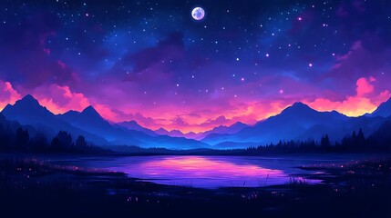 Fototapeta premium Serene Night Sky Over Tranquil Mountain Lake