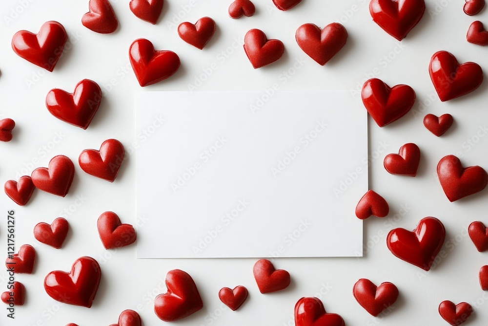 Poster decorative arrangement of red hearts surrounding a blank space for notes and messages on a white bac