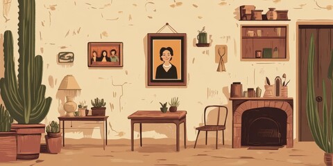 Desert Room Interior With Plants And Portraits