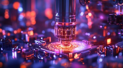 An intricate network of tiny IoT modules affixed seamlessly to a robotic arm each unit glowing as data flows between them with shimmering waves symbolizing 5G communication.