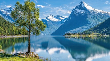 Fjord, tree, mountains, reflection, summer, serene, landscape, Norway, travel, postcard