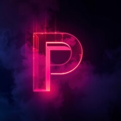 Neon Pink Letter P in Dark Clouds Background