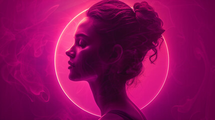 Fototapeta premium Woman in Profile, Neon Pink Silhouette, Dreamy Mood