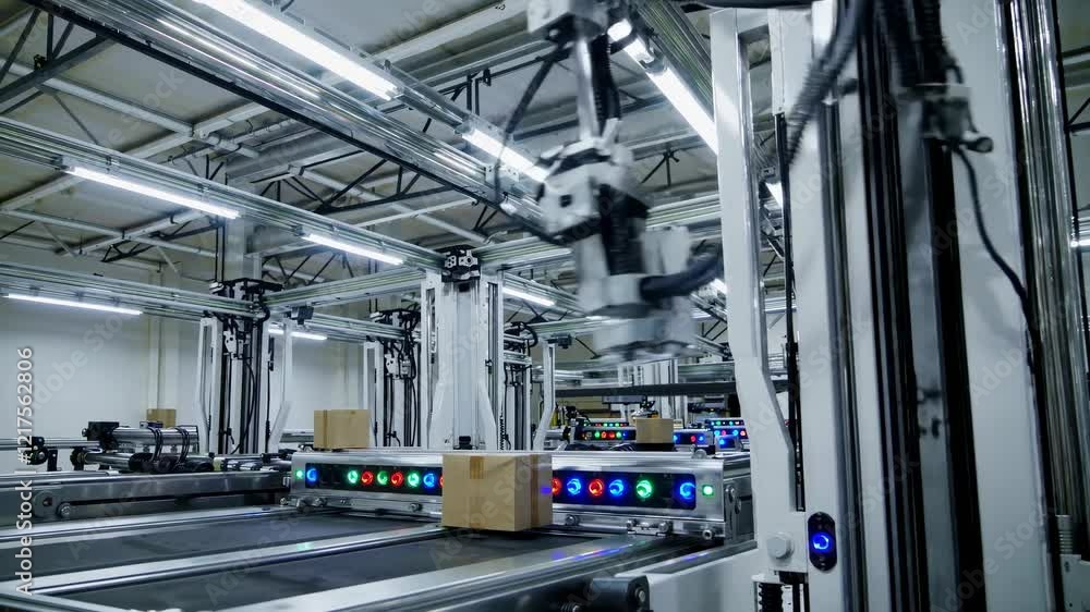 Poster Innovative automated sorting system in a modern warehouse environment during daylight hours