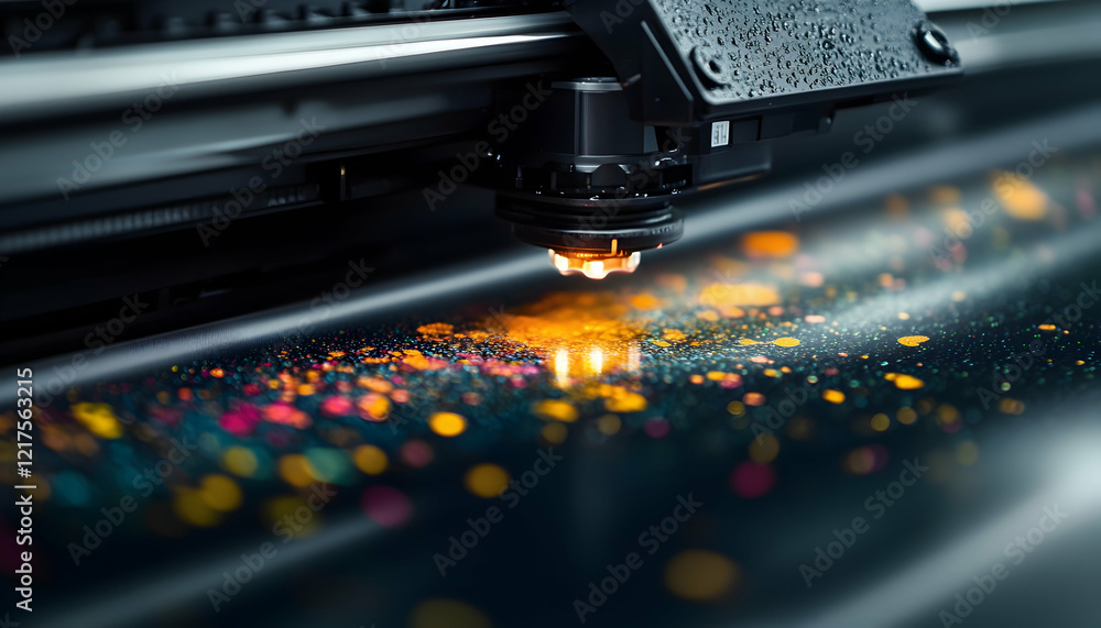 Poster high-quality printing with a close-up of a large format printer head applying vibrant colors on pape