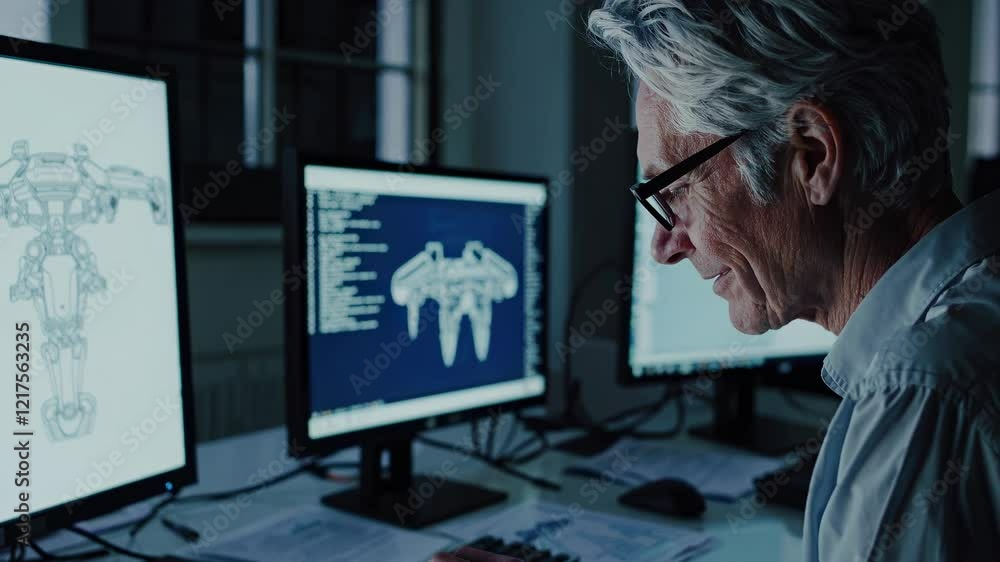 Poster innovative designer creates detailed 3d models in a quiet workspace during evening hours