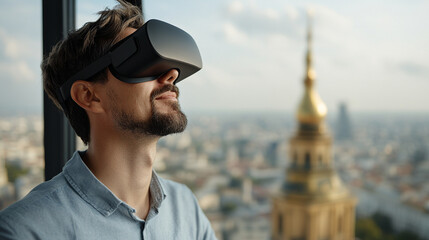Man exploring virtual reality with city view behind him