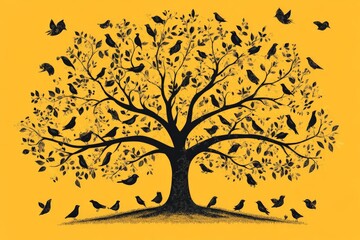 Obraz premium Black tree with dense foliage and many birds on a bright yellow background