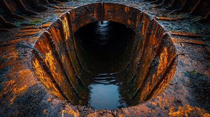 Rusty metal culvert with water.